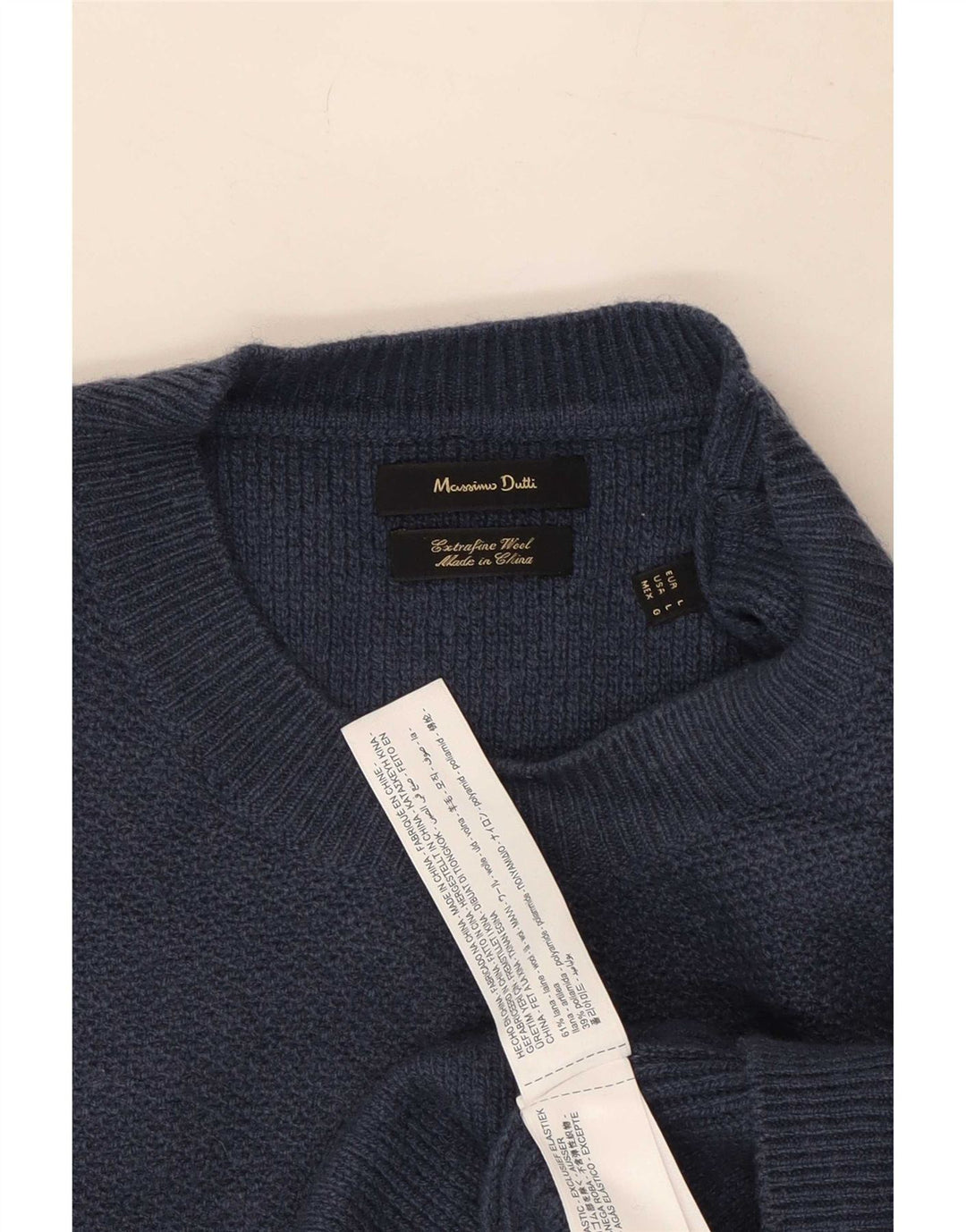 Massimo Dutti Herren-Pullover mit Rundhalsausschnitt, groß, marineblaue Wolle