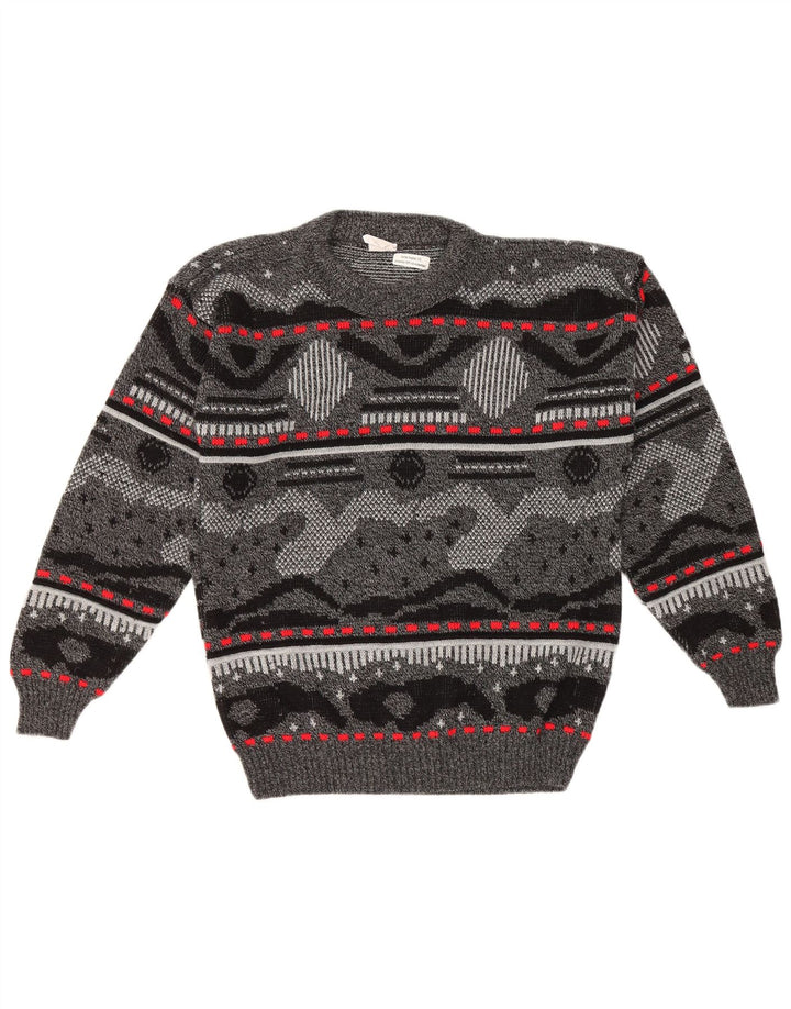 VINTAGE Mens Crew Neck Jumper Sweater Small Grey Striped