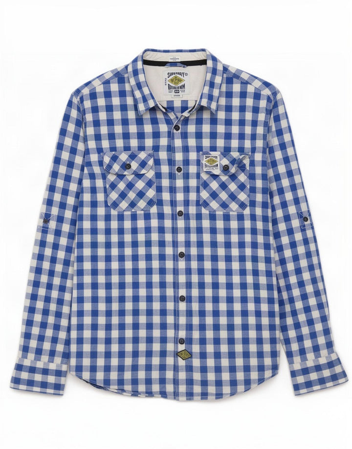 Superdry Herrenhemd aus Baumwolle, groß, blau, Gingham-Karomuster