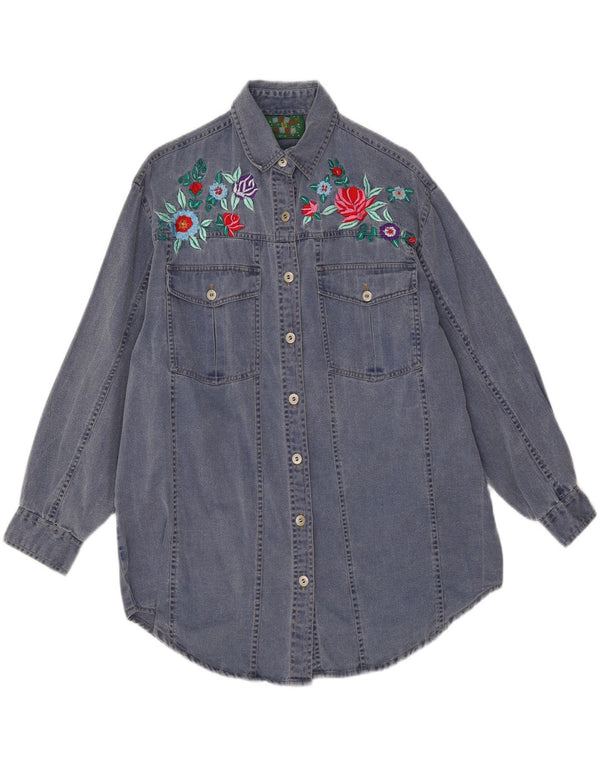 Vintage Damen Grafisches Langarm-Jeanshemd UK 14 Großes marineblaues Blumenmuster