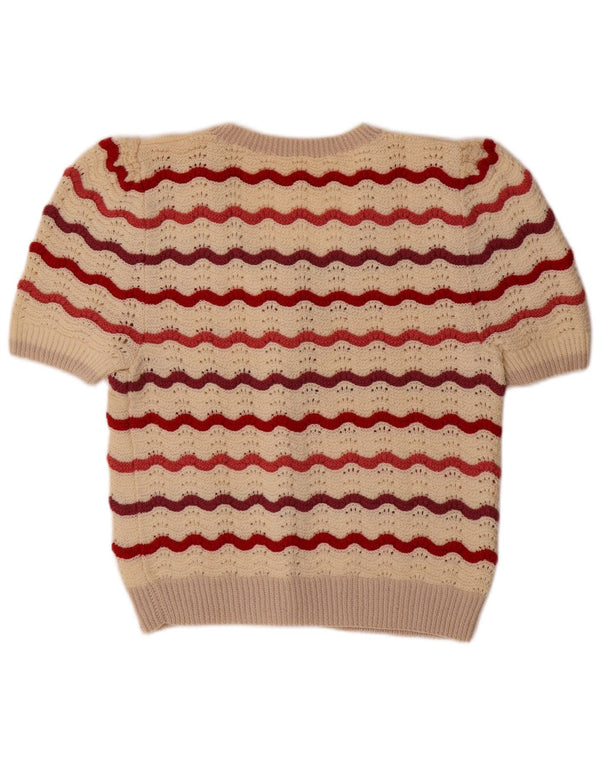 VINTAGE Damen Kurzarm-Cardigan-Pullover UK 14 Mittelbeige gestreift