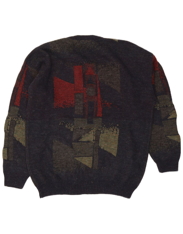 Vintage Herren Pullover mit V-Ausschnitt XL Marineblaue geometrische Wolle