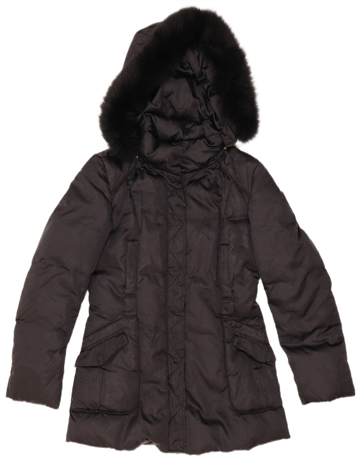 Trussardi Wattierter Damenmantel mit Kapuze IT 42 Mittelschwarzes Polyester