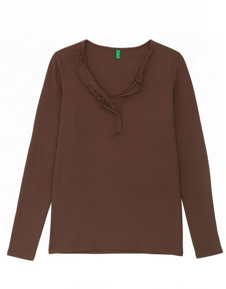 Benetton Damen Top Langarm UK 12 Mittelbraune Baumwolle