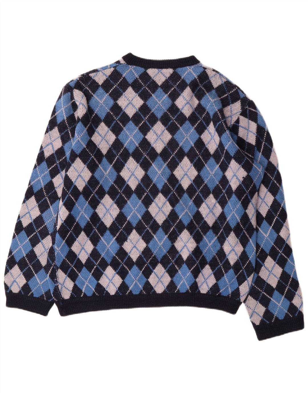 VINTAGE Mens Crew Neck Jumper Sweater Large Blue Argyle/Diamond Classic