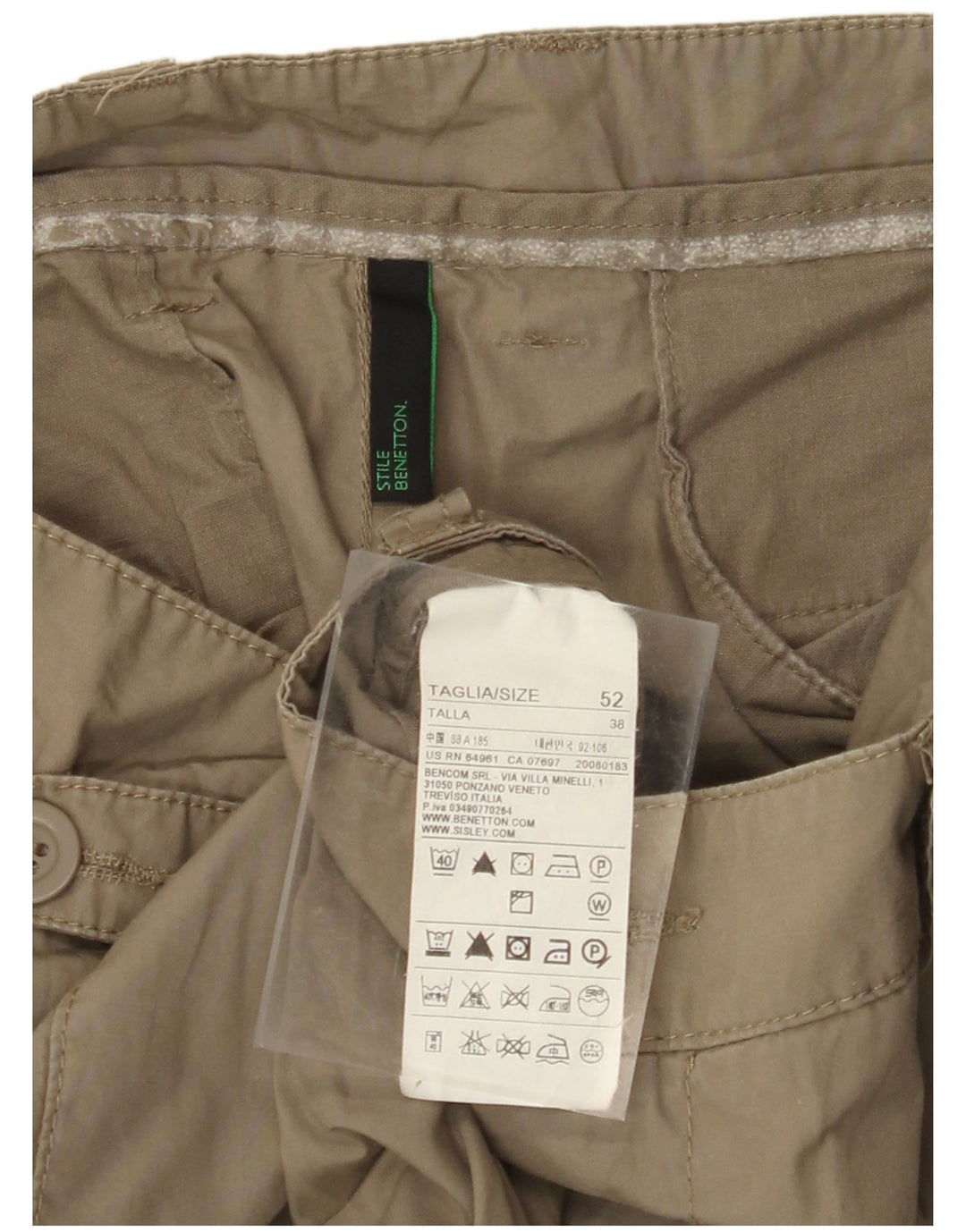 BENETTON Herren gerade Cargohose IT 52 XL W38 L34 Khaki Baumwolle