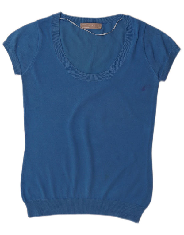 Kurzärmliger Damen-Pullover mit U-Boot-Ausschnitt von Zara, Gr. 40, Größe L, Blau, Baumwolle