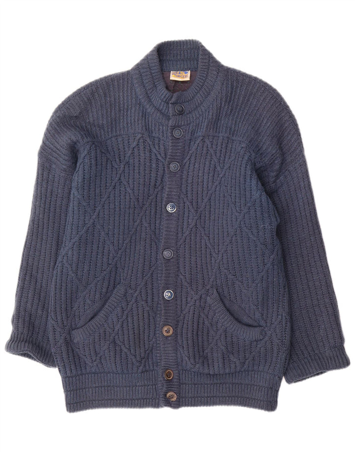 VINTAGE Herren-Cardigan-Pullover aus mittelblauer Wolle in Marineblau