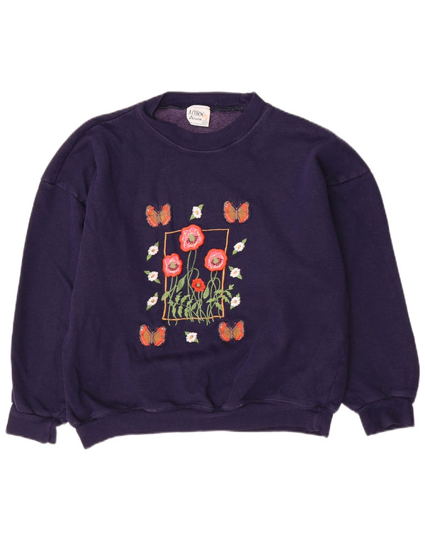 Acorn Womens Leisure Graphic Sweatshirt Pullover UK 16 Large Marineblau mit Blumenmuster