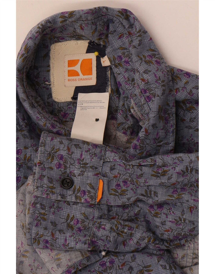 Hugo Boss Herrenhemd, groß, blau, geblümt, Baumwolle