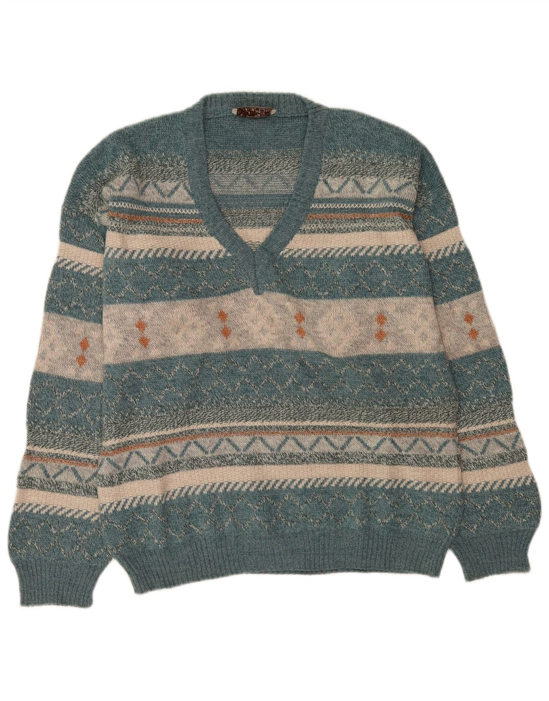 Vintage Herren Pullover mit V-Ausschnitt, groß, blaue Fair-Isle-Wolle