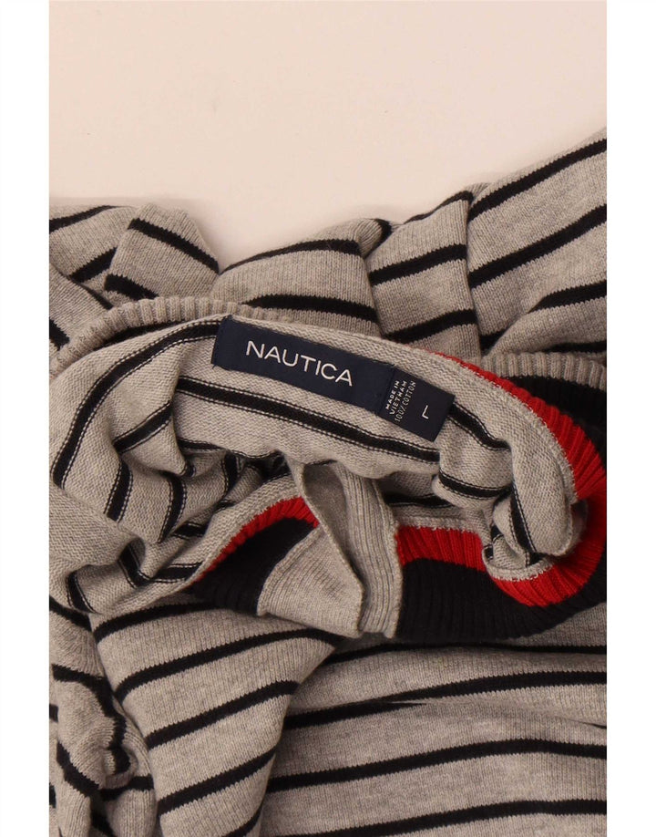 Nautica Herren-Pullover mit Knopfkragen, groß, grau gestreift, Baumwolle