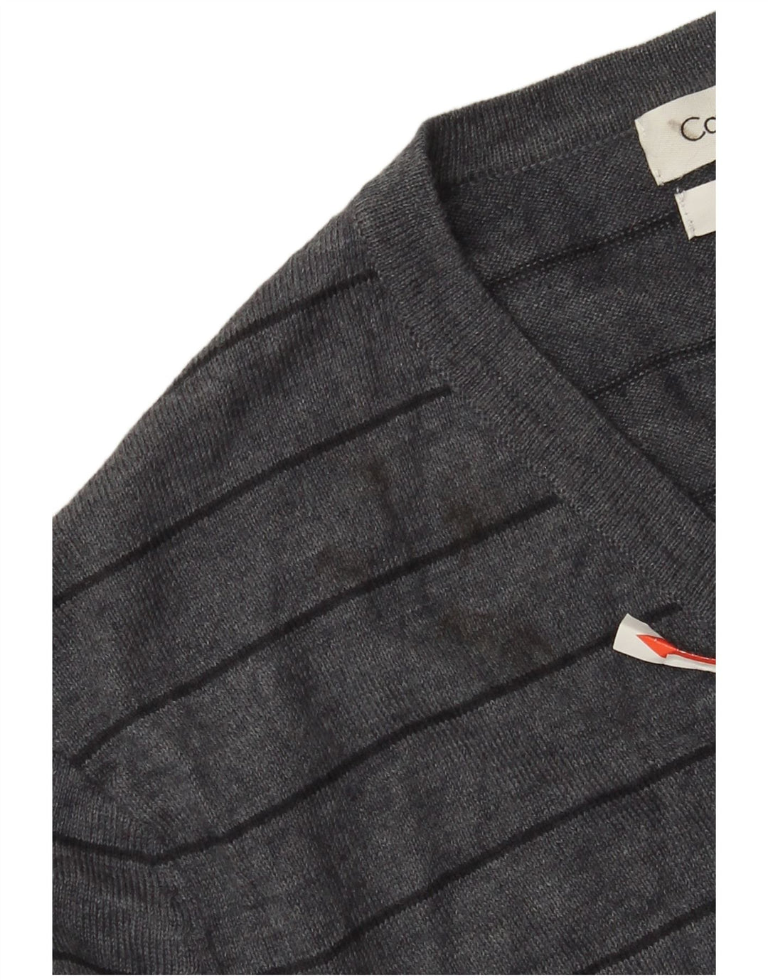 Calvin Klein Herren-Pullover mit V-Ausschnitt aus mittelgrauer, gestreifter Merinowolle