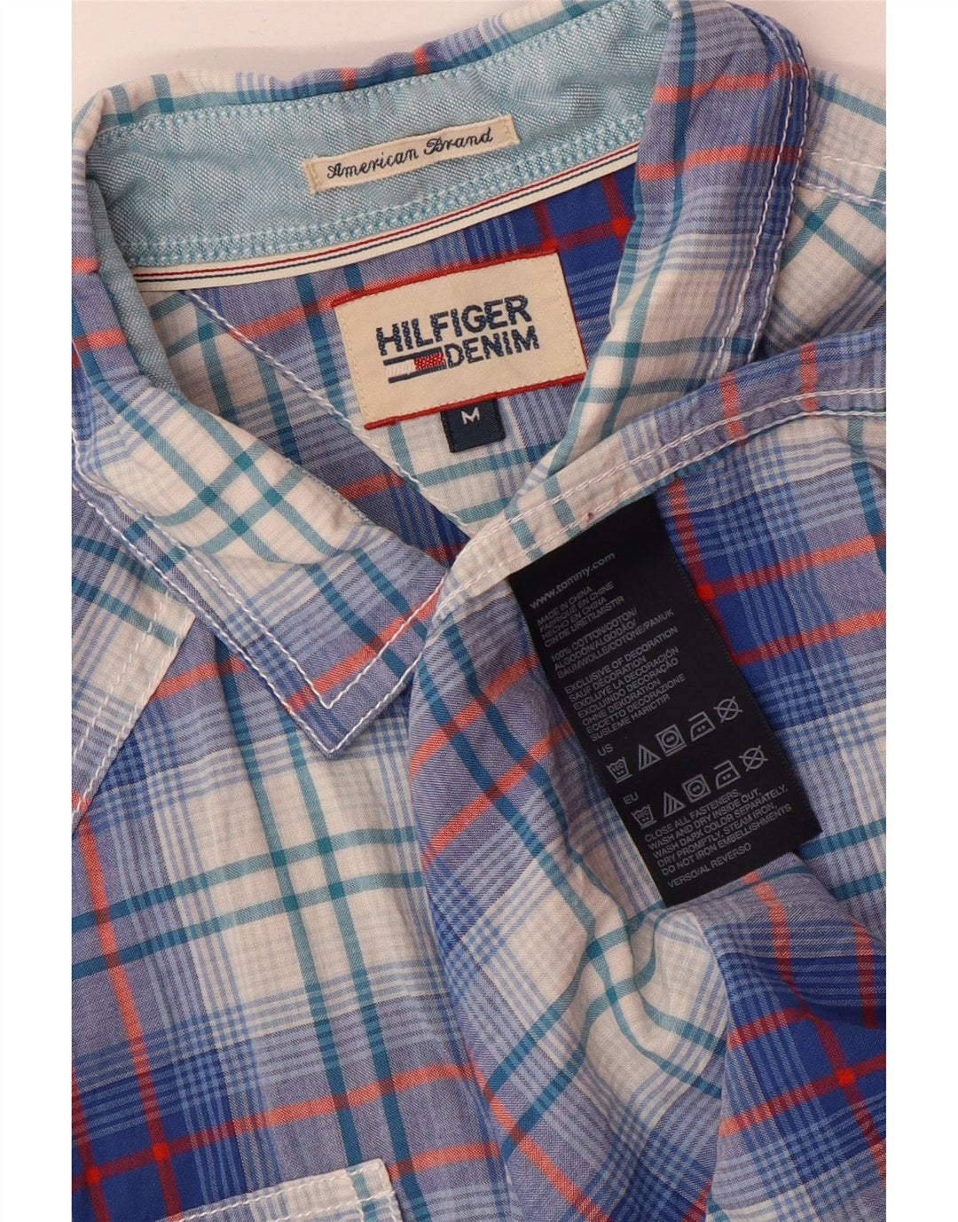 Tommy Hilfiger Herren Grafik-Kurzarmhemd aus mittelblauer Karo-Baumwolle