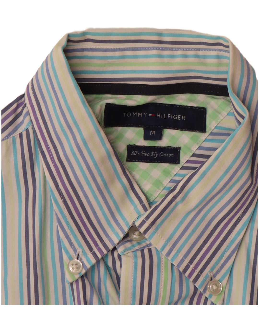 TOMMY HILFIGER Mens Short Sleeve Shirt Medium Multicoloured Pinstripe 80s