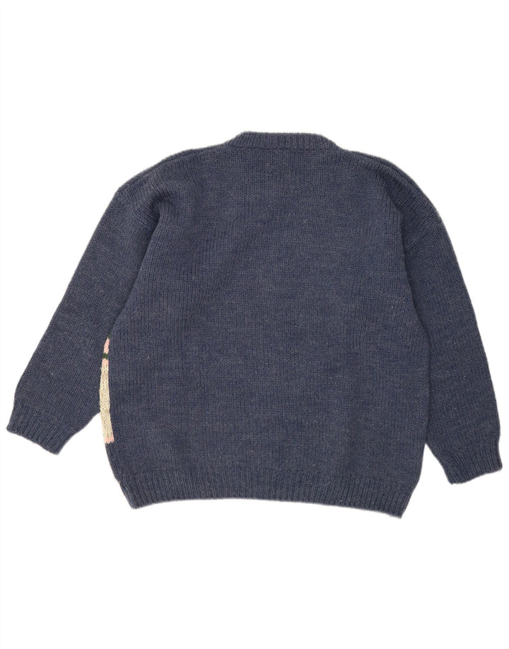 Vintage Herren Pullover mit grafischem Rundhalsausschnitt, groß, marineblaue Wolle
