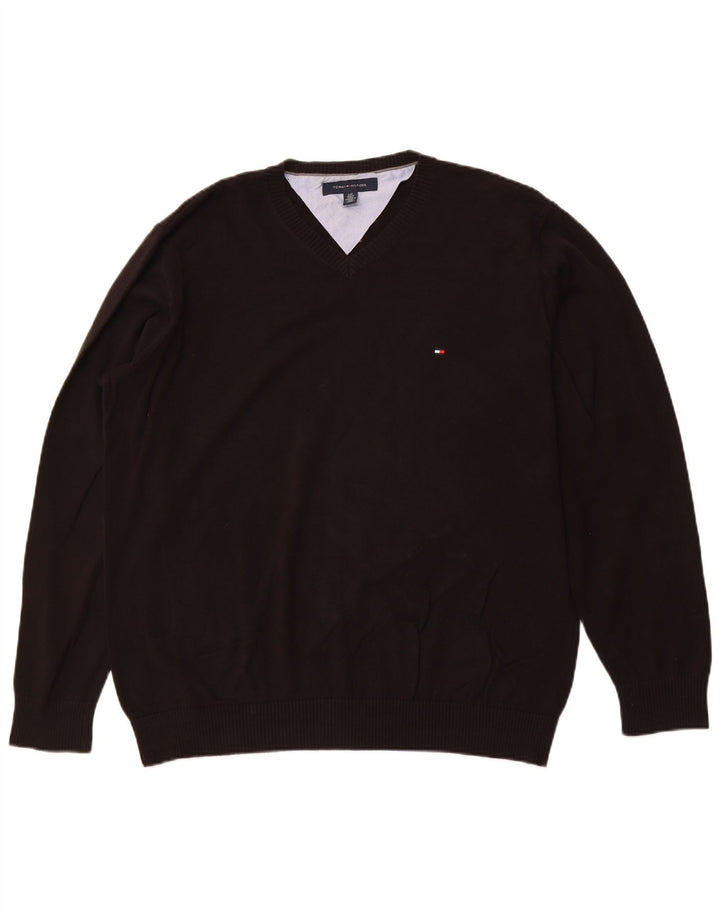 TOMMY HILFIGER Herren-Pullover mit V-Ausschnitt, groß, schwarze Baumwolle