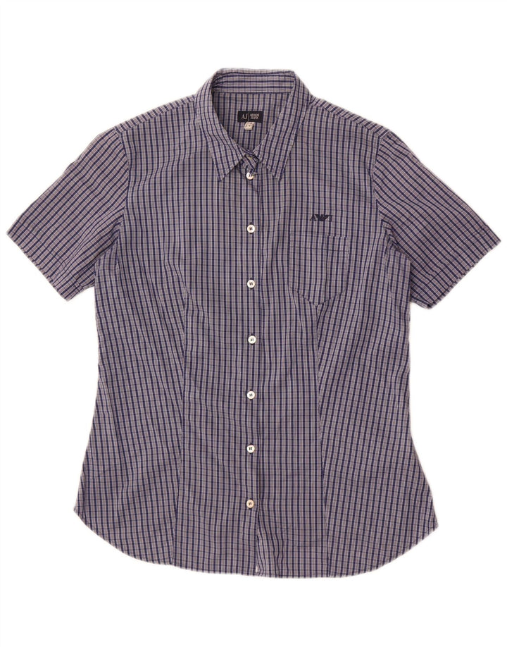 Armani Jeans Damen Kurzarmhemd US 8 Medium Navy Blue Check Baumwolle