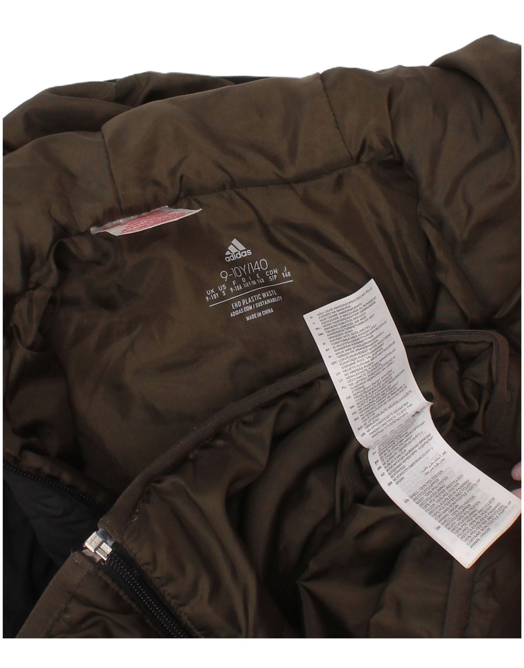 Adidas Jungen wattierte Jacke mit Kapuze, 9–10 Jahre, Khaki, Colourblock-Polyester