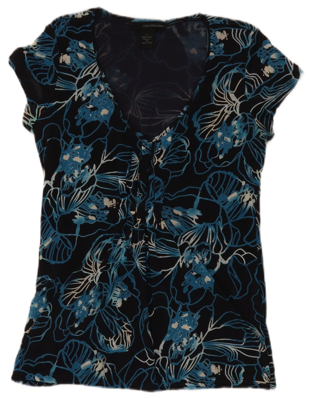 Calvin Klein Jeans Damen-Blusenoberteil, UK 12, mittleres Marineblau mit Blumenmuster