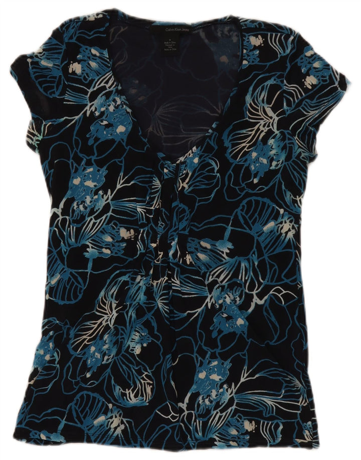 Calvin Klein Jeans Damen-Blusenoberteil, UK 12, mittleres Marineblau mit Blumenmuster