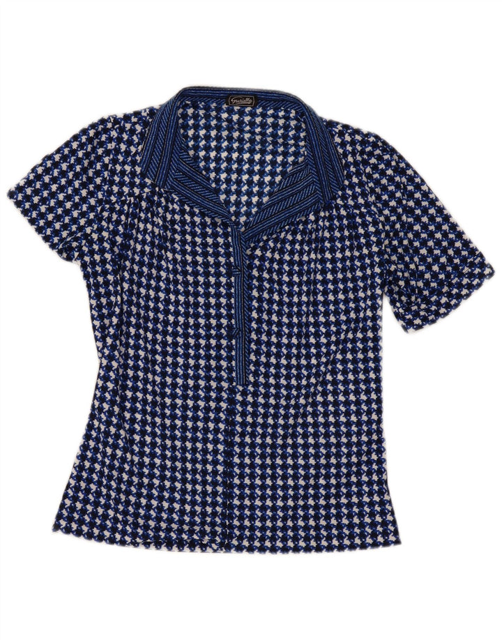 Vintage Damen Bluse Top UK 10 Small Navy Blue Houndstooth