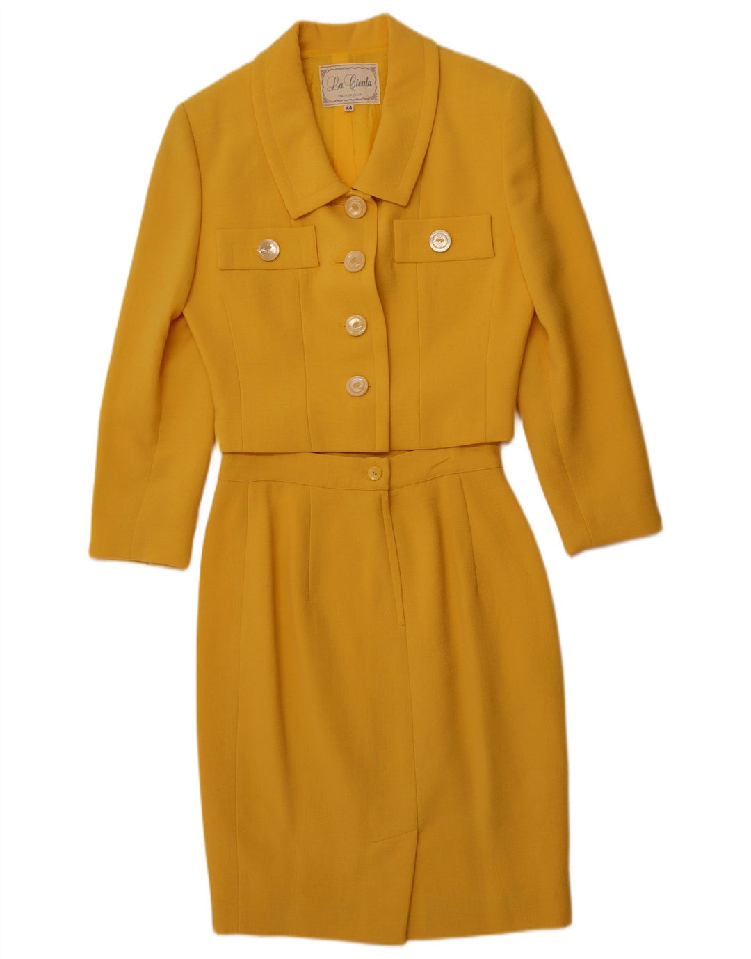 VINTAGE Damen 4-Knopf-2-teiliges Rockset IT 44 Medium W26 Gelbe Wolle