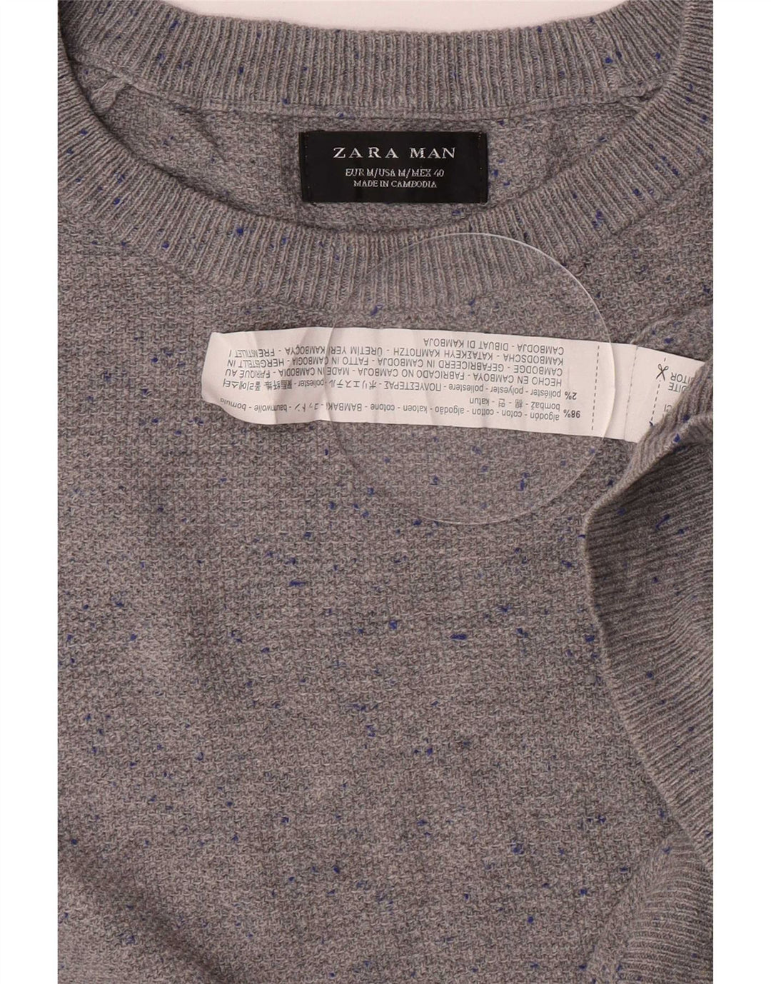 Zara Herren-Pullover mit U-Boot-Ausschnitt, mittelgrau gefleckte Baumwolle