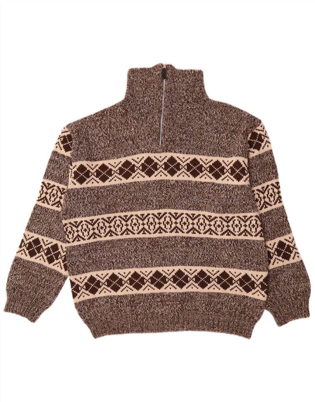 CAMARGUE Mens Zip Neck Jumper Sweater Large Brown Fair Isle Polyacrylic