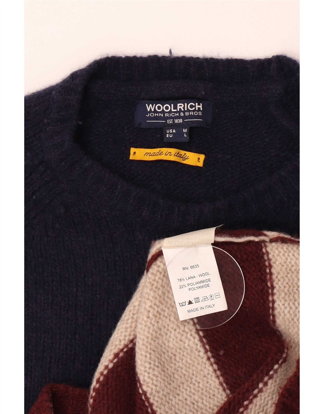 Woolrich Herren-Pullover mit Rundhalsausschnitt, mittlere marineblaue gestreifte Wolle