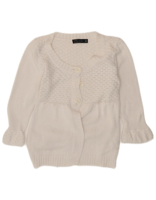 Zara Damen-Strickjacke mit 3/4-Ärmeln, UK-Gr. 12, mittelweiße Baumwolle