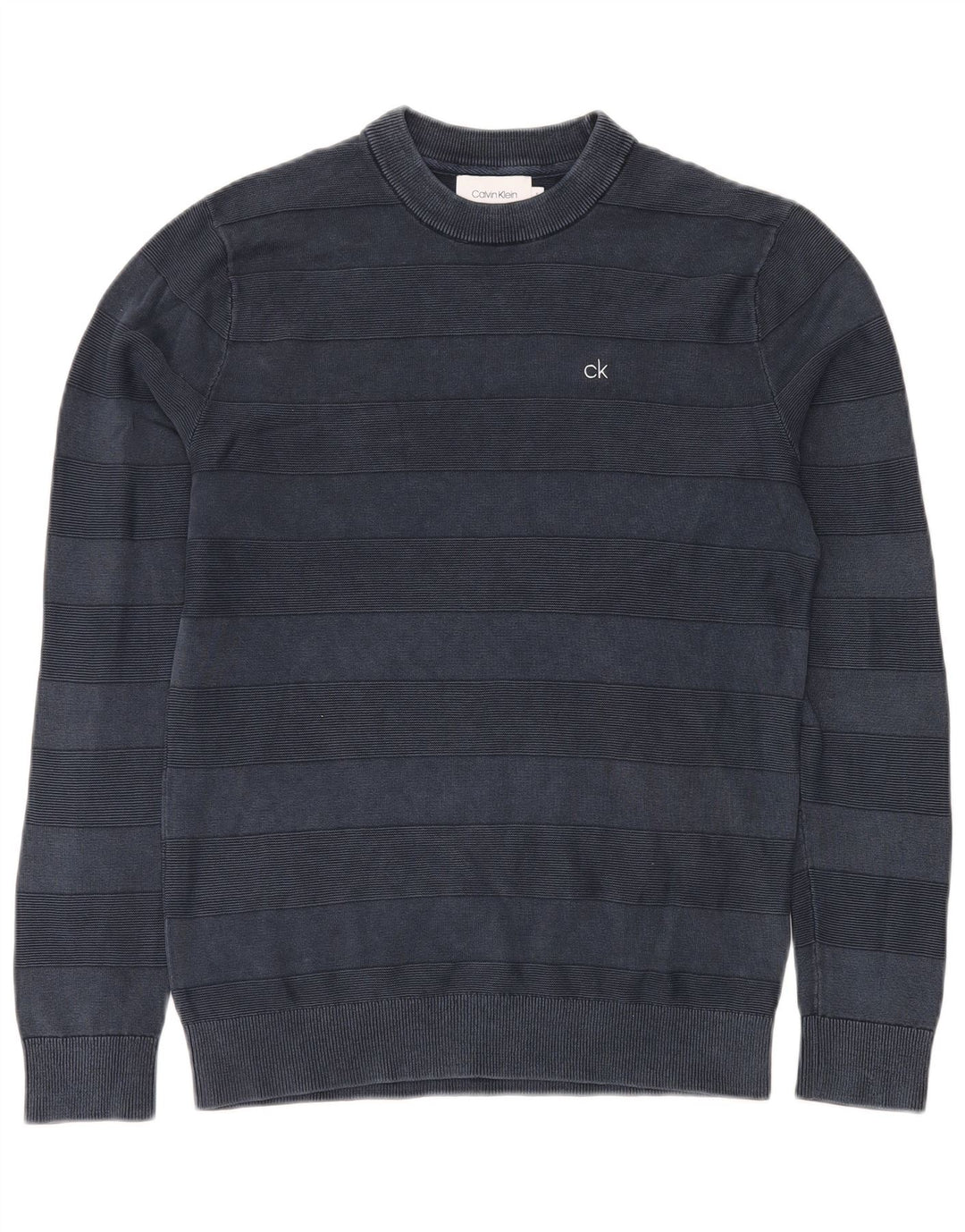 CALVIN KLEIN Herren-Pullover mit Rundhalsausschnitt, klein, marineblau, gestreift, Baumwolle