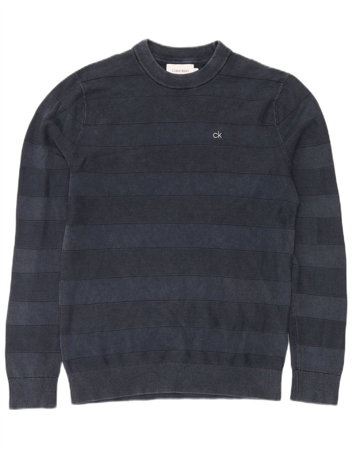 CALVIN KLEIN Herren-Pullover mit Rundhalsausschnitt, klein, marineblau, gestreift, Baumwolle