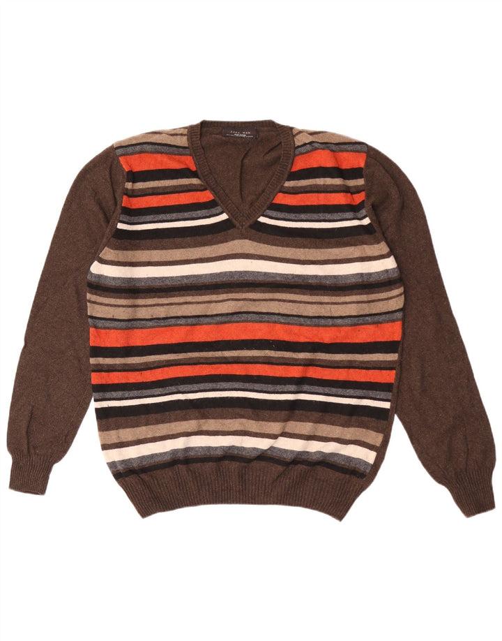 Zara Herren-Pullover mit V-Ausschnitt, groß, braun gestreift, Viskose