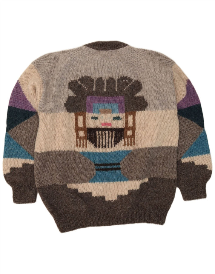 Vintage Herren Pullover mit grafischem Rundhalsausschnitt, groß, grau, geometrisch