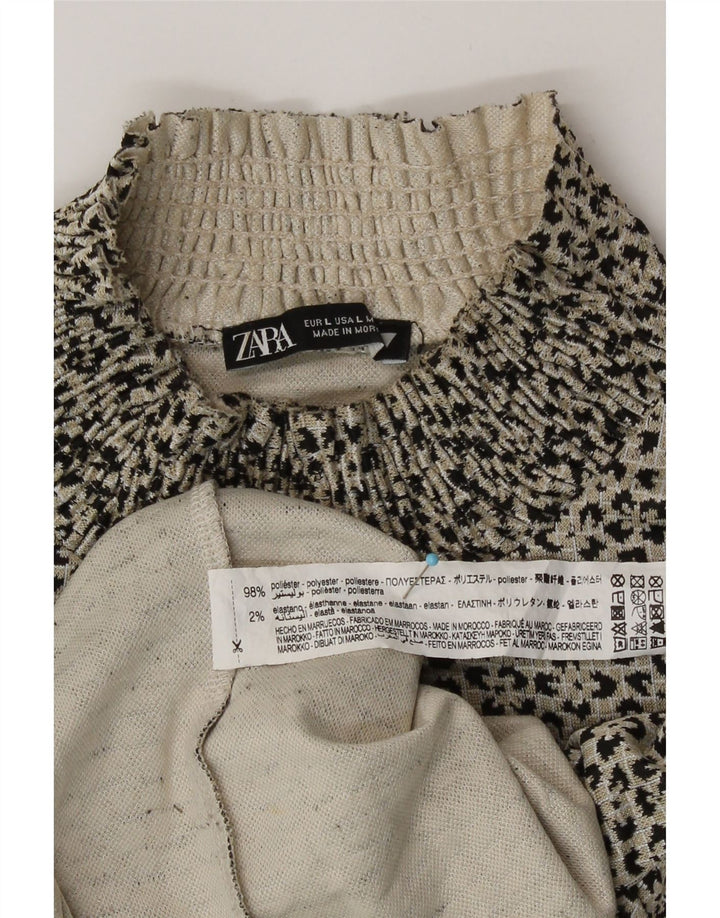 Zara Damen Crop Bluse Top UK 14 Großes graues Polyester mit Tiermuster