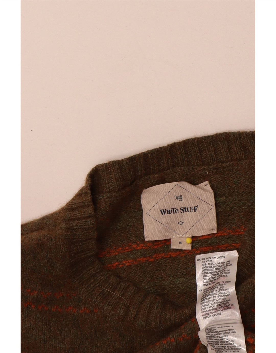 White Stuff Herren-Pullover mit Rundhalsausschnitt, mittlerer Khaki-Streifen aus Wolle
