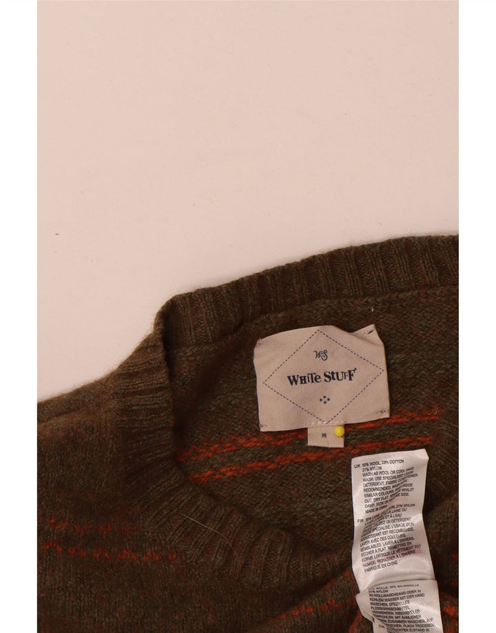 White Stuff Herren-Pullover mit Rundhalsausschnitt, mittlerer Khaki-Streifen aus Wolle