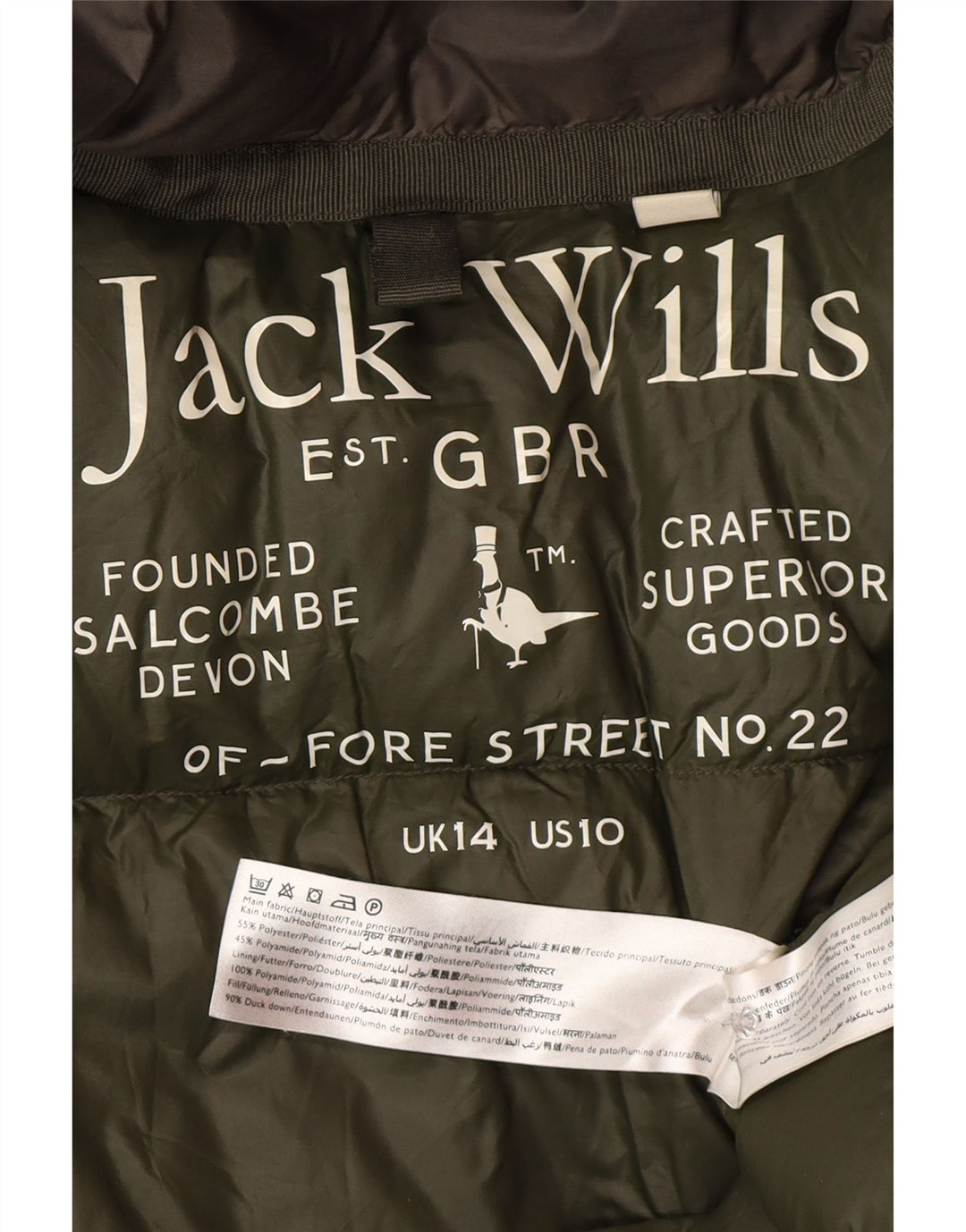 Jack Wills Wattierter Damenmantel mit Kapuze, UK 14, Größe L, Khaki, Polyester