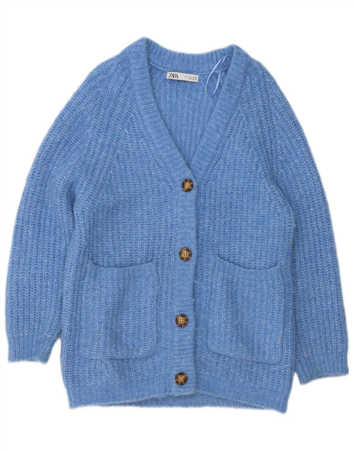 Zara Damen-Cardigan-Pullover, Gr. 10, klein, blau geflecktes Polyester
