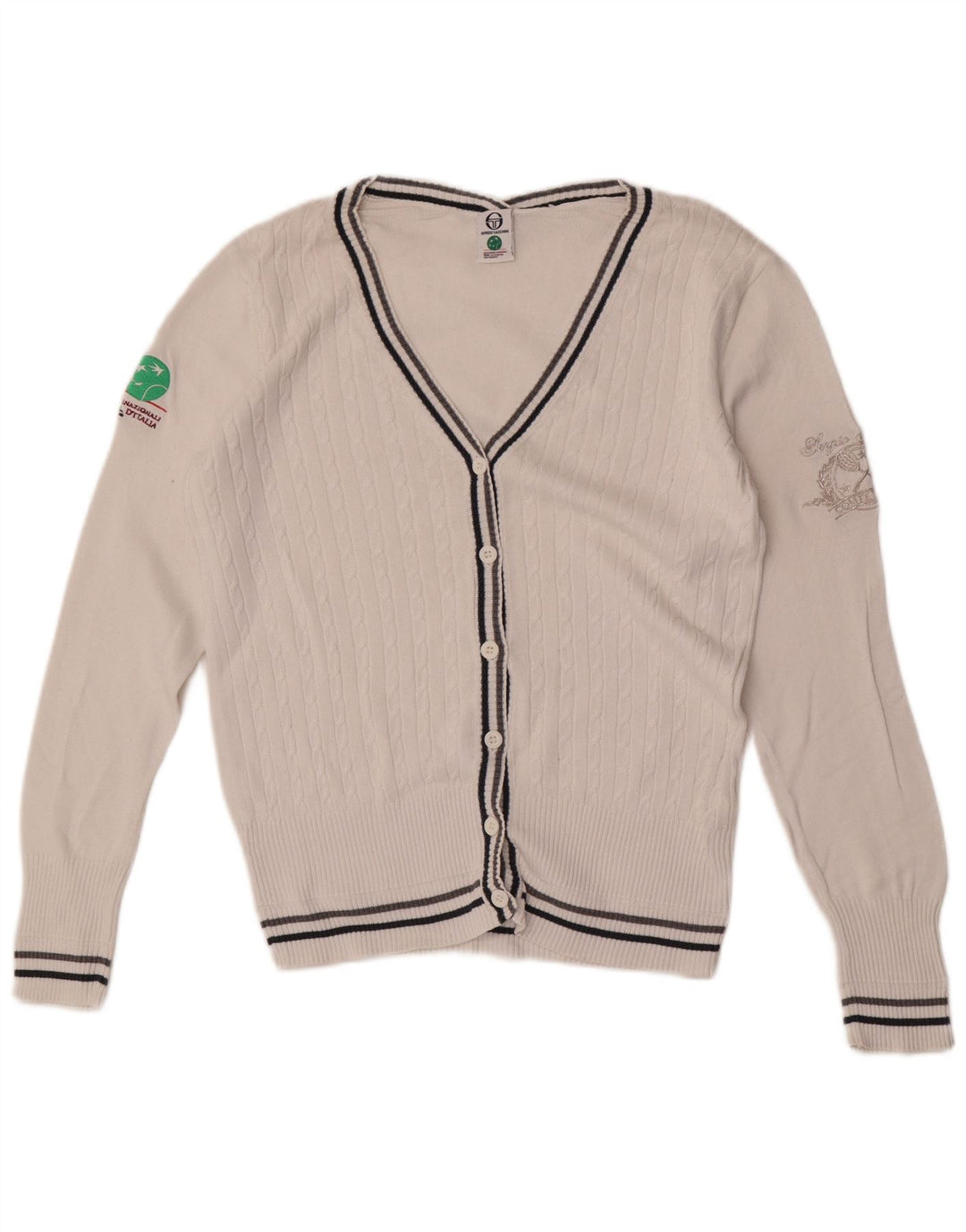 Sergio Tacchini Damen-Cardigan mit Grafik, UK 12, mittelweiße Baumwolle