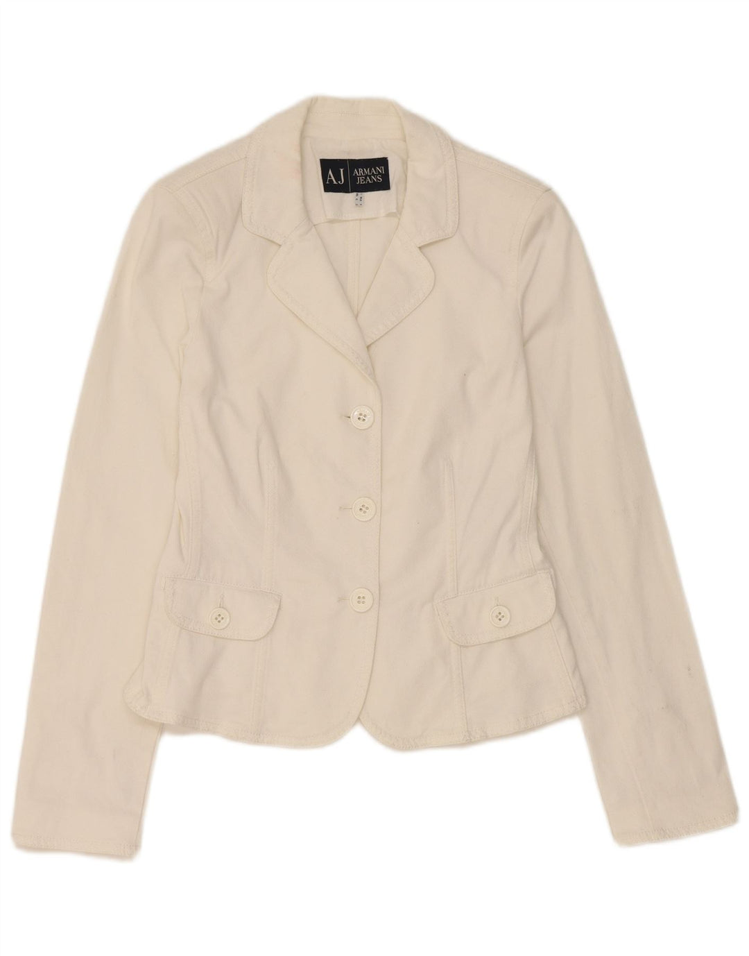 Armani Jeans Damen 3-Knopf-Blazerjacke UK 10 Small Weiße Baumwolle