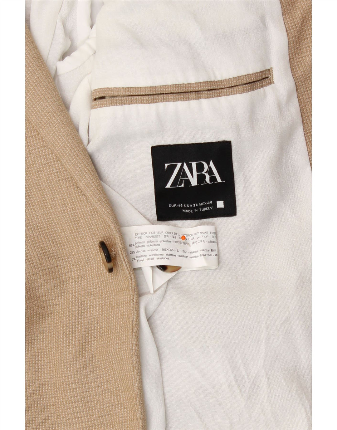 ZARA Mens 1 Button Blazer Jacket EU 46 Small Beige Polyester