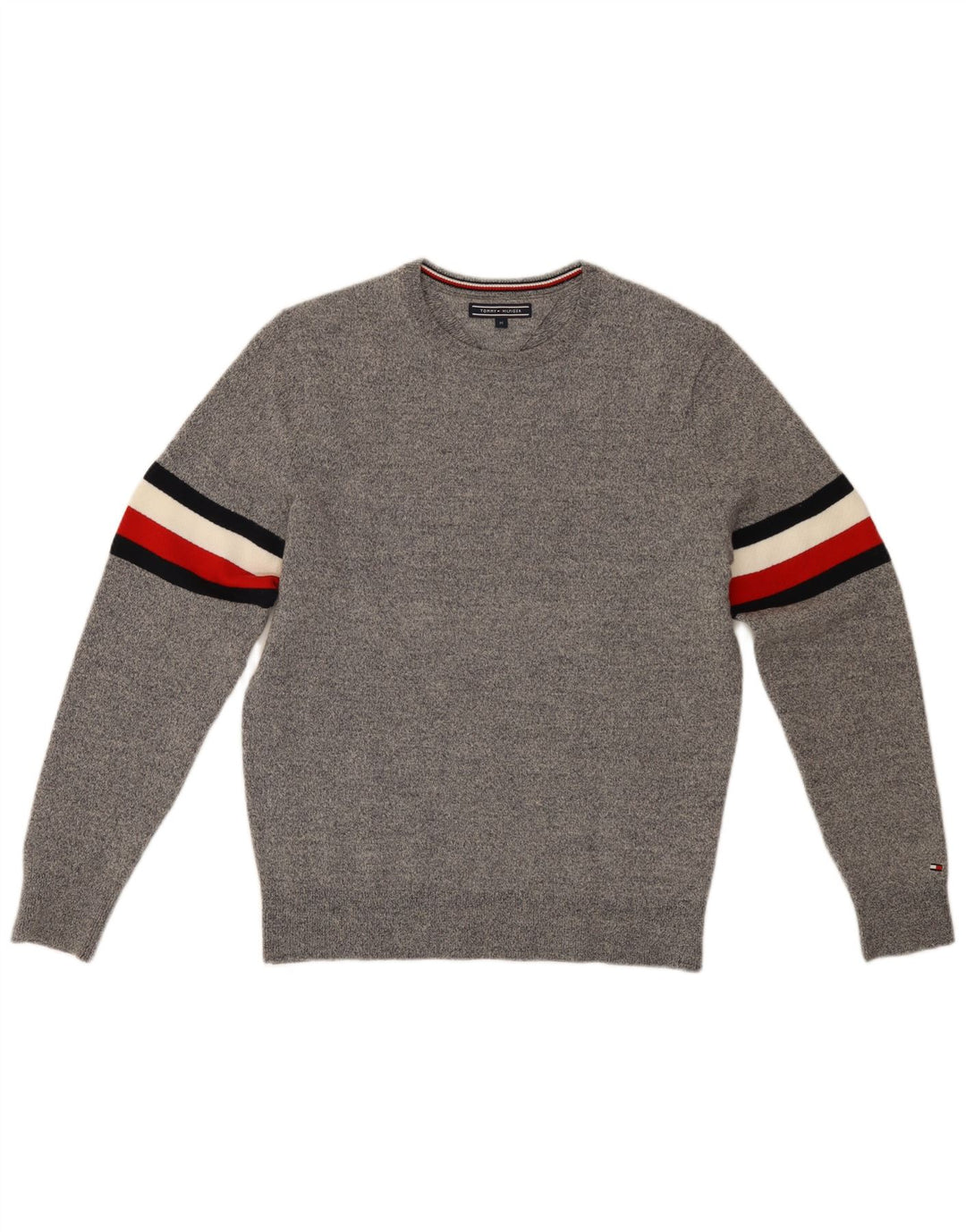 TOMMY HILFIGER Herren-Pullover mit Rundhalsausschnitt, mittelgraue Colourblock-Wolle