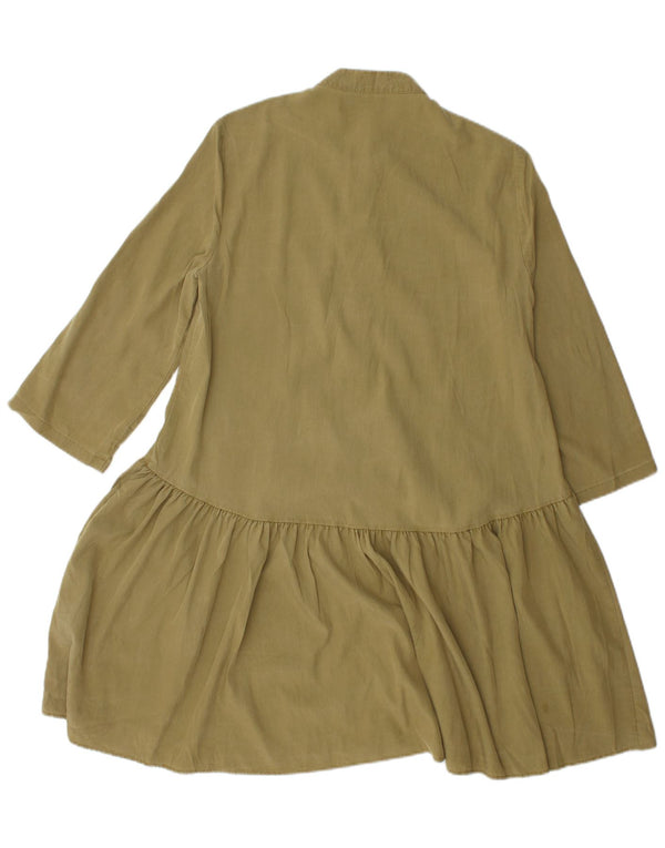 Zara Damen 3/4-Ärmel-Hemdkleid UK 6 XS Khaki Lyocell
