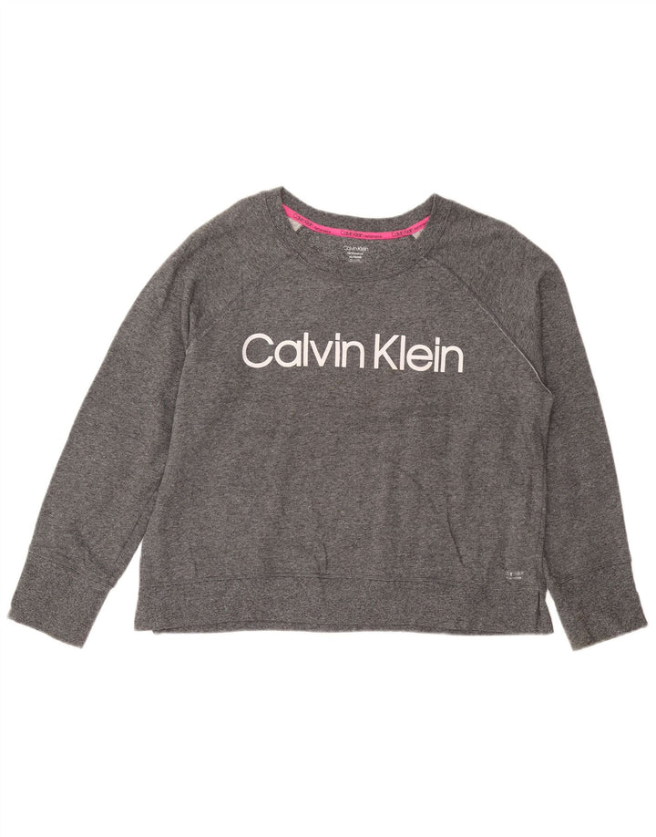 CALVIN KLEIN Damen Crop Graphic Sweatshirt Pullover UK 18 XL Grau meliert