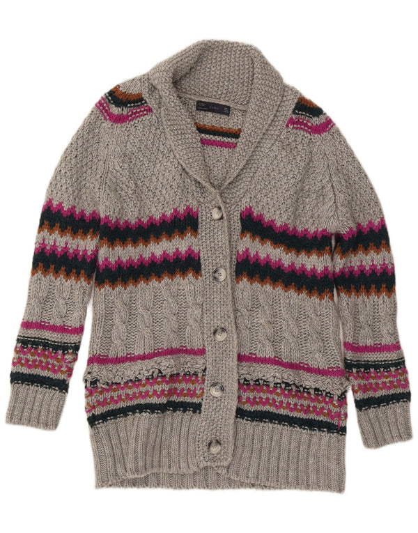 Langer Strickjackenpullover für Damen von Zara, Gr. 16, großes grau gestreiftes Acryl