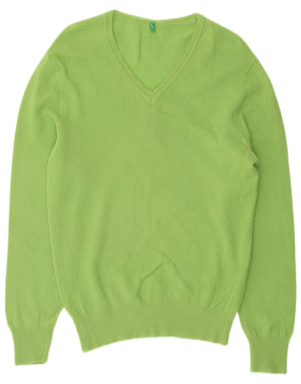 Benetton Damen-Pullover mit V-Ausschnitt, UK 14, mittelgrüne Wolle
