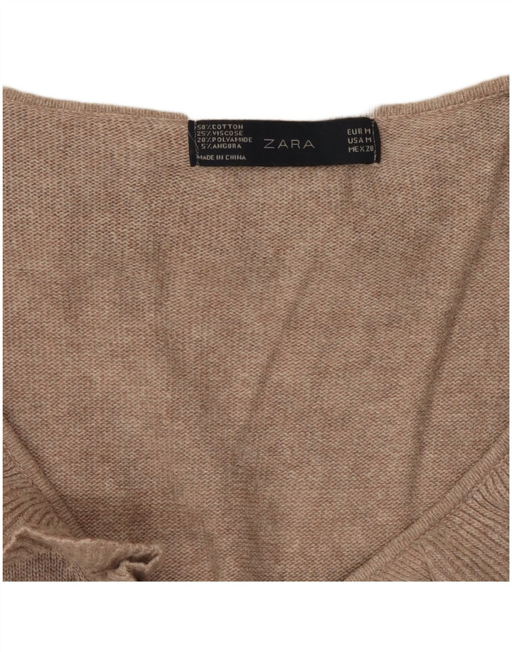Zara Damen-Pullover mit Rüschen vorne und V-Ausschnitt, Gr. 12, Mittelbeige meliert