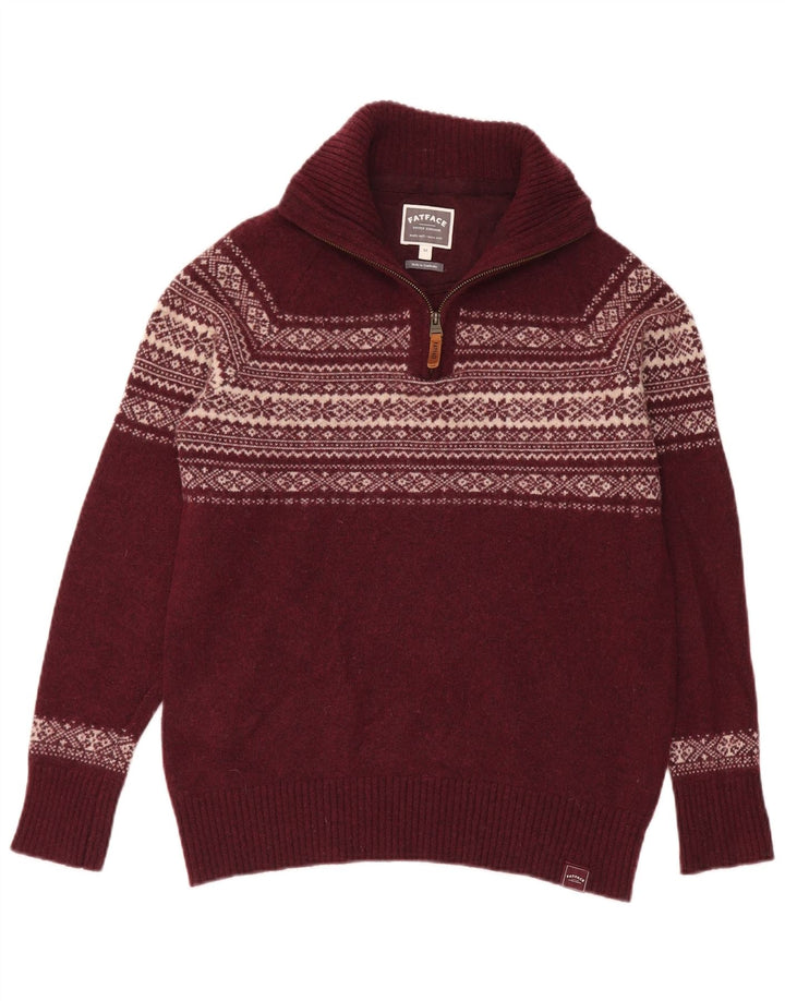 Fat Face Herren-Pullover mit Reißverschluss am Hals, mittelgroße Burgunder-Fair-Isle-Wolle